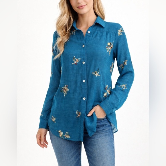 fig and flower Tops - Fig & Flower Embroidered Button Up Blouse Blue Boho Anthropologie Top Size S